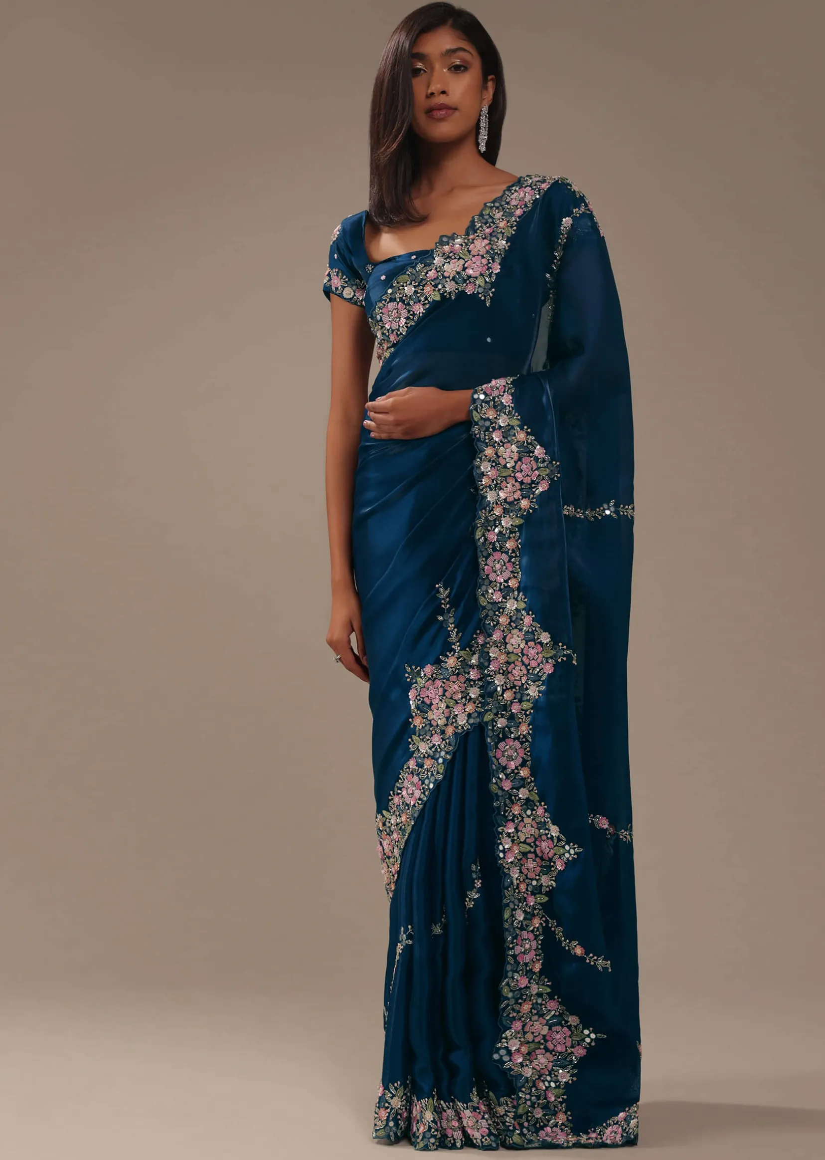 Persian Blue 3D Embroidered Saree In Tissue Silk