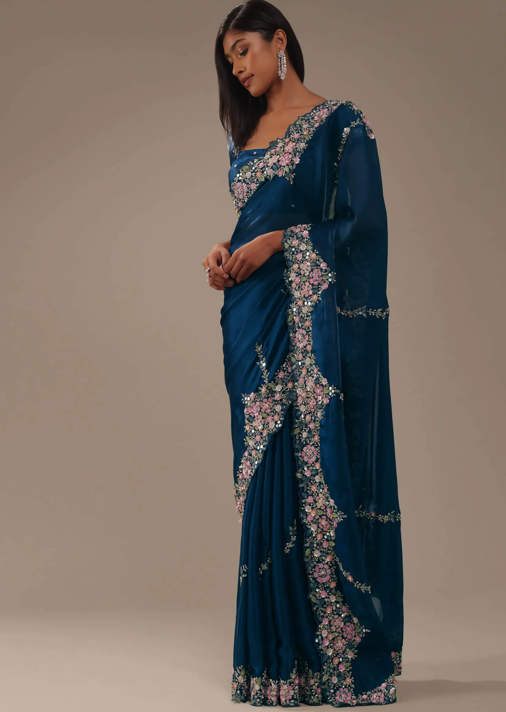 Persian Blue 3D Embroidered Saree In Tissue Silk