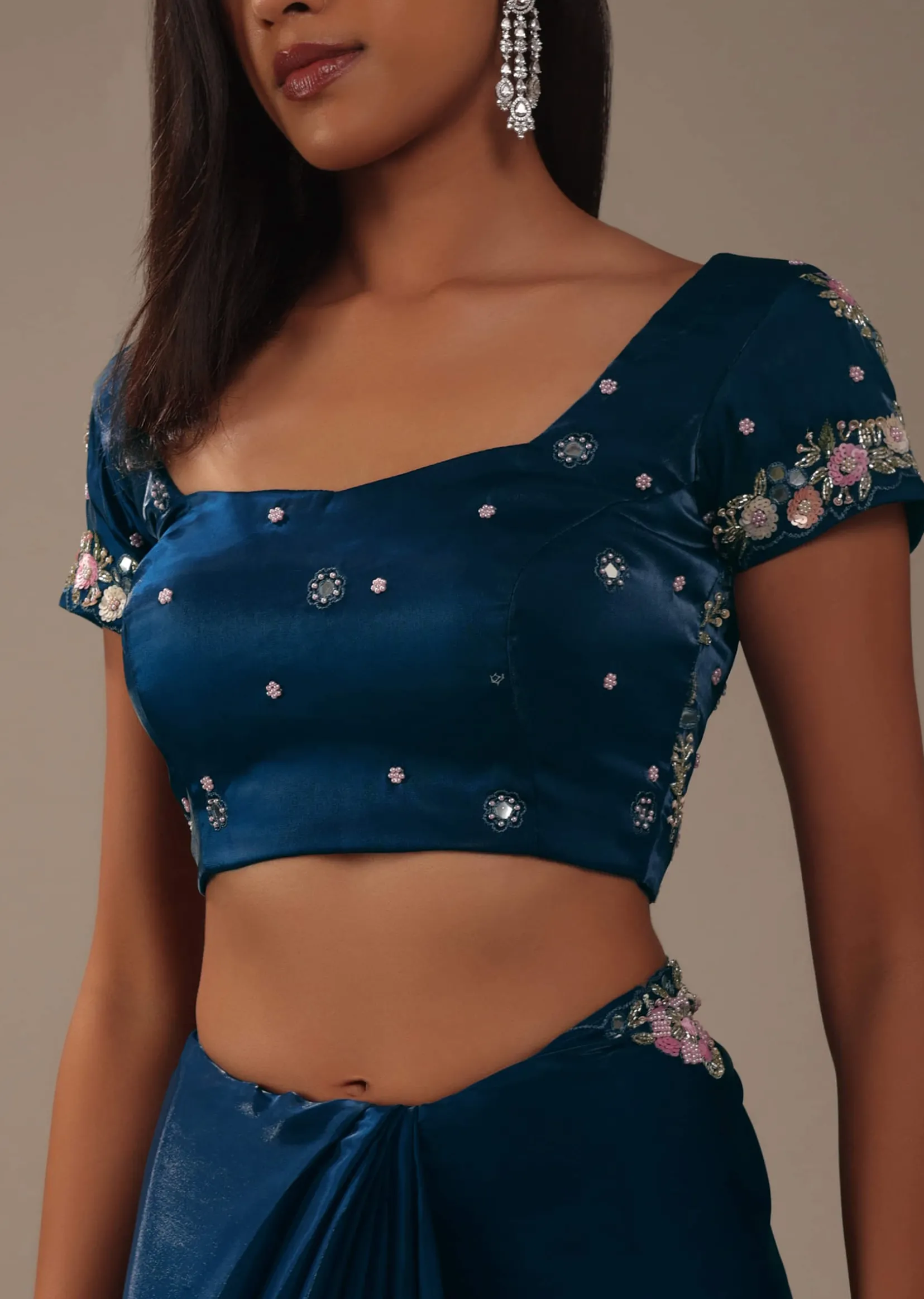 Persian Blue 3D Embroidered Saree In Tissue Silk