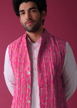 Persian Pink Jacket Kurta Set In Tussar Silk With Bandhani Print