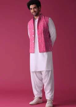 Persian Pink Jacket Kurta Set In Tussar Silk With Bandhani Print