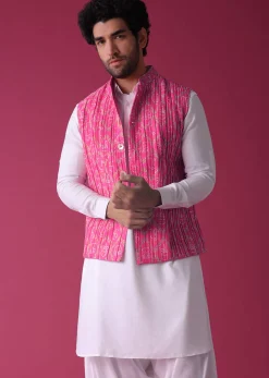 Persian Pink Jacket Kurta Set In Tussar Silk With Bandhani Print