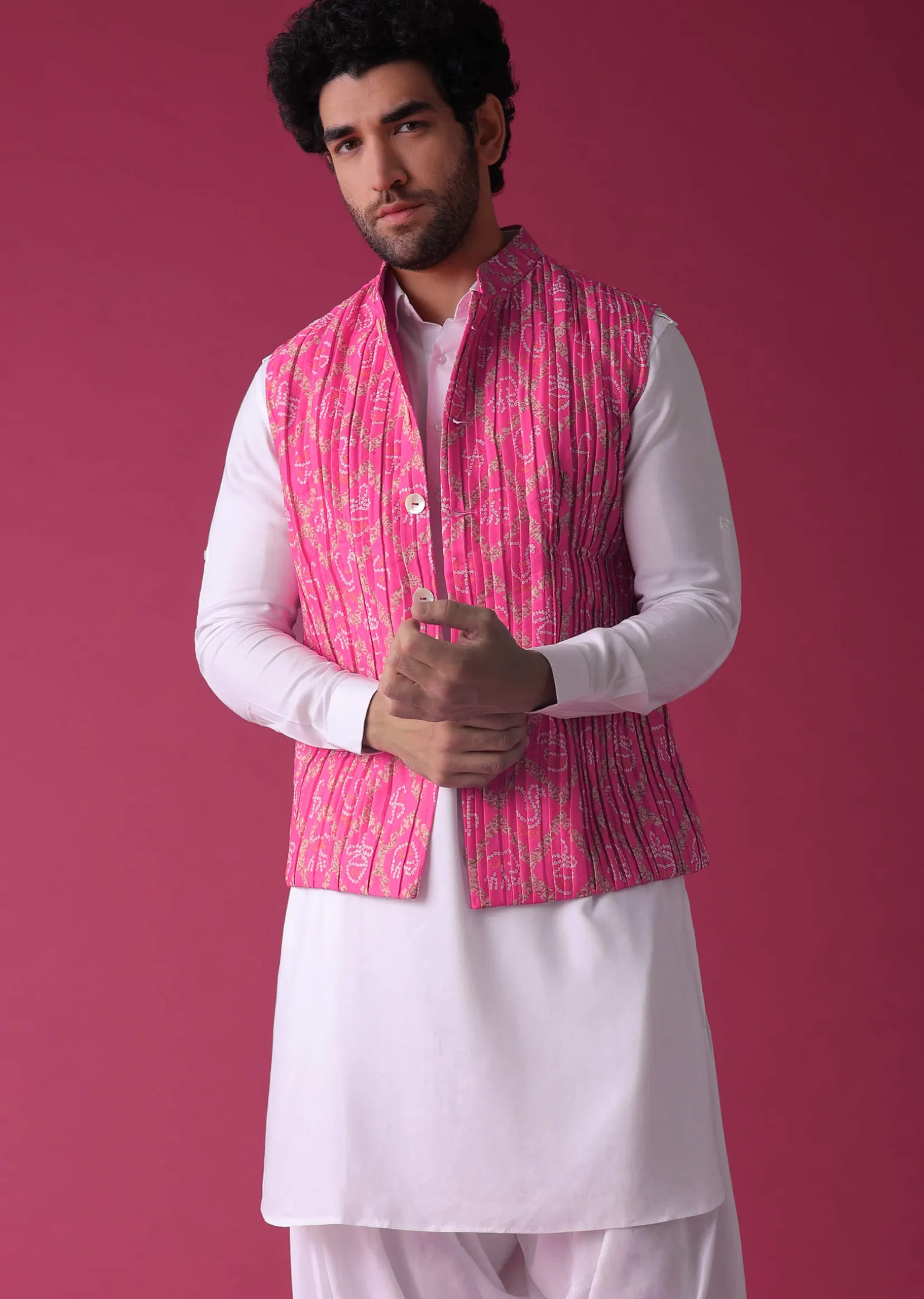 Persian Pink Jacket Kurta Set In Tussar Silk With Bandhani Print