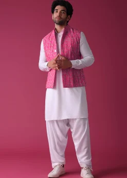 Persian Pink Jacket Kurta Set In Tussar Silk With Bandhani Print