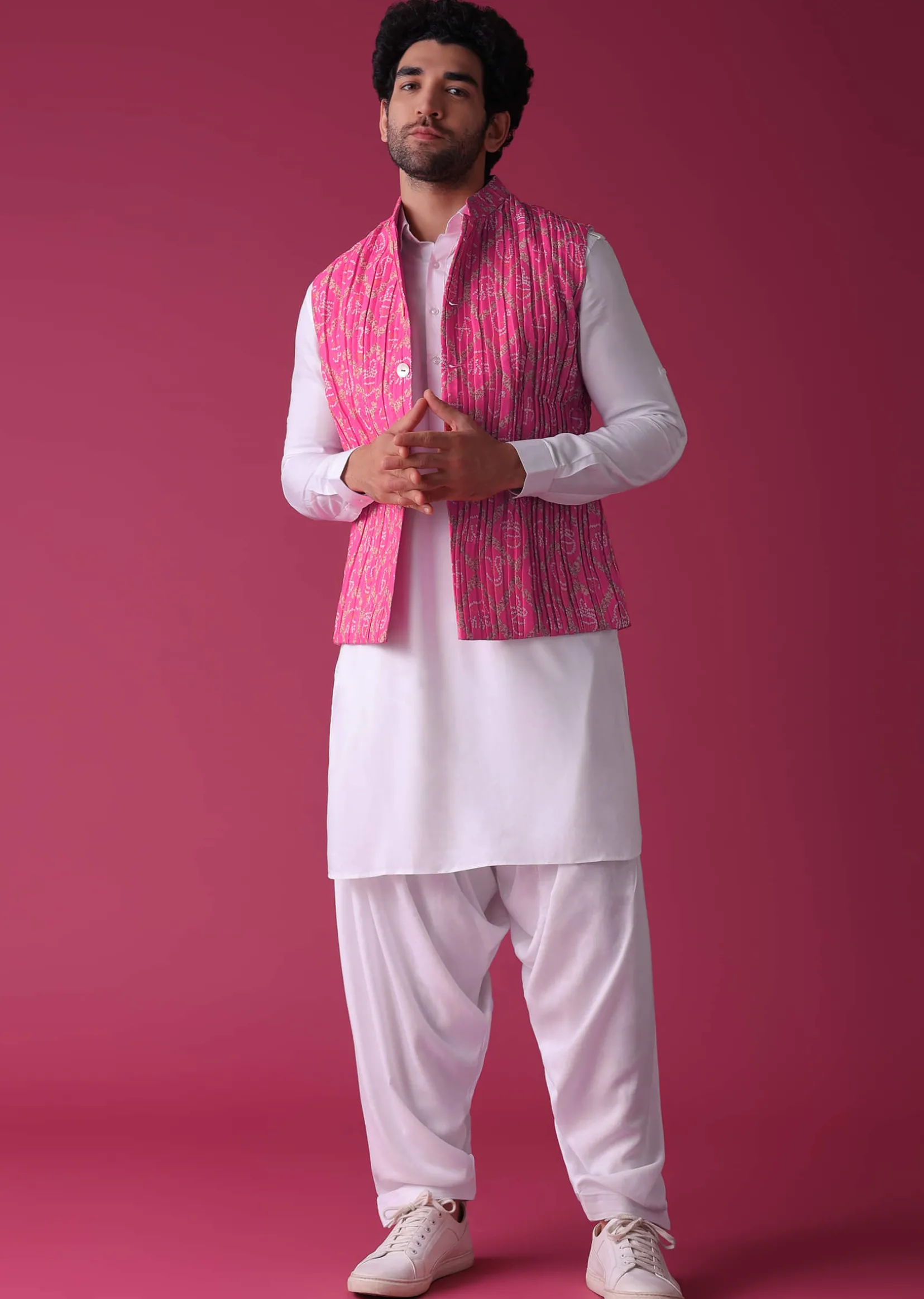Persian Pink Jacket Kurta Set In Tussar Silk With Bandhani Print