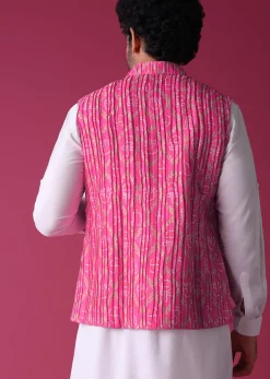 Persian Pink Jacket Kurta Set In Tussar Silk With Bandhani Print