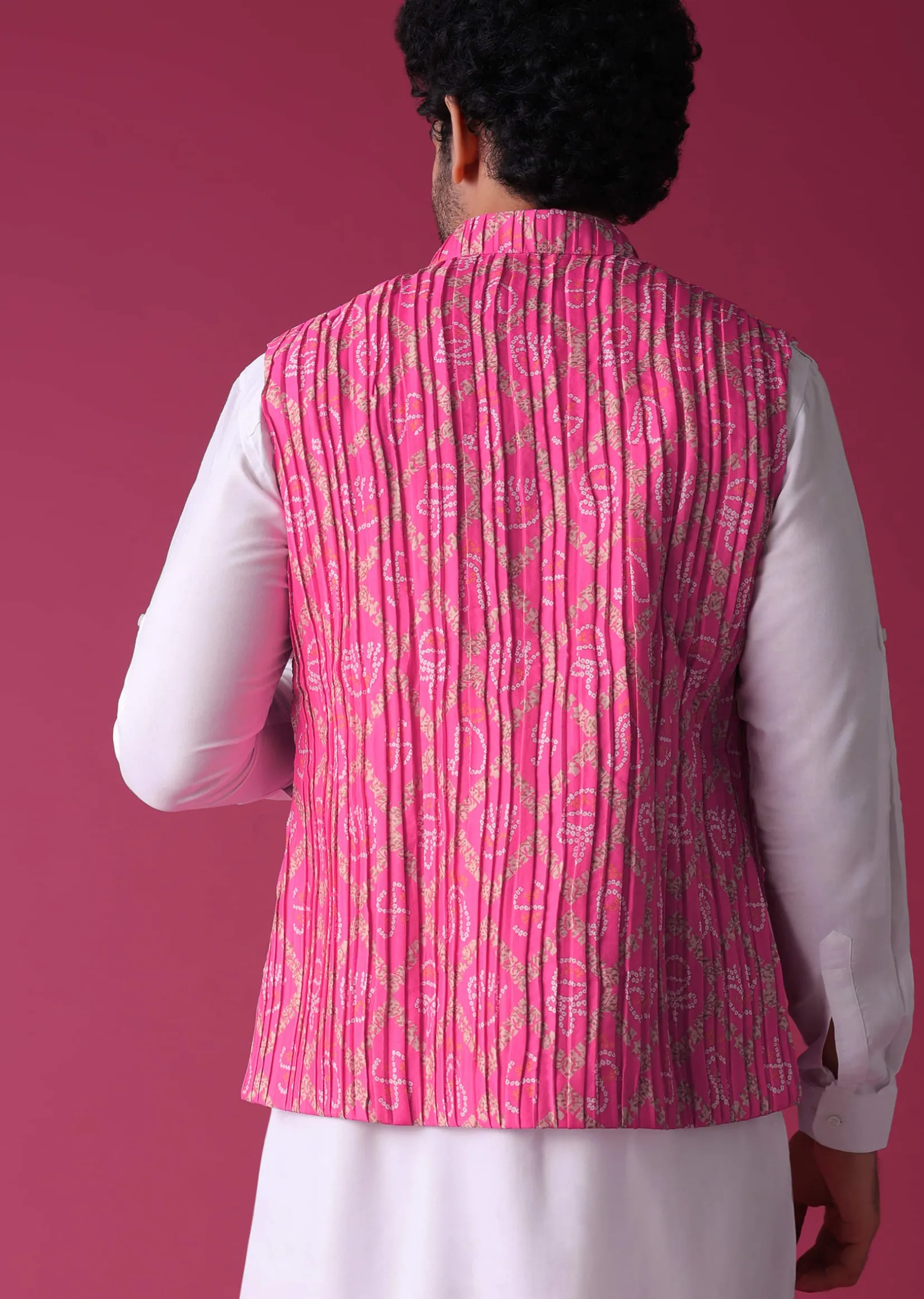 Persian Pink Jacket Kurta Set In Tussar Silk With Bandhani Print