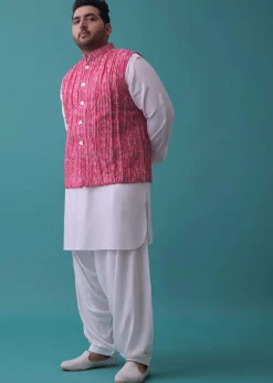 Persian Pink Tussar Silk Fabricated Jacket Kurta Set With Bandhani Print
