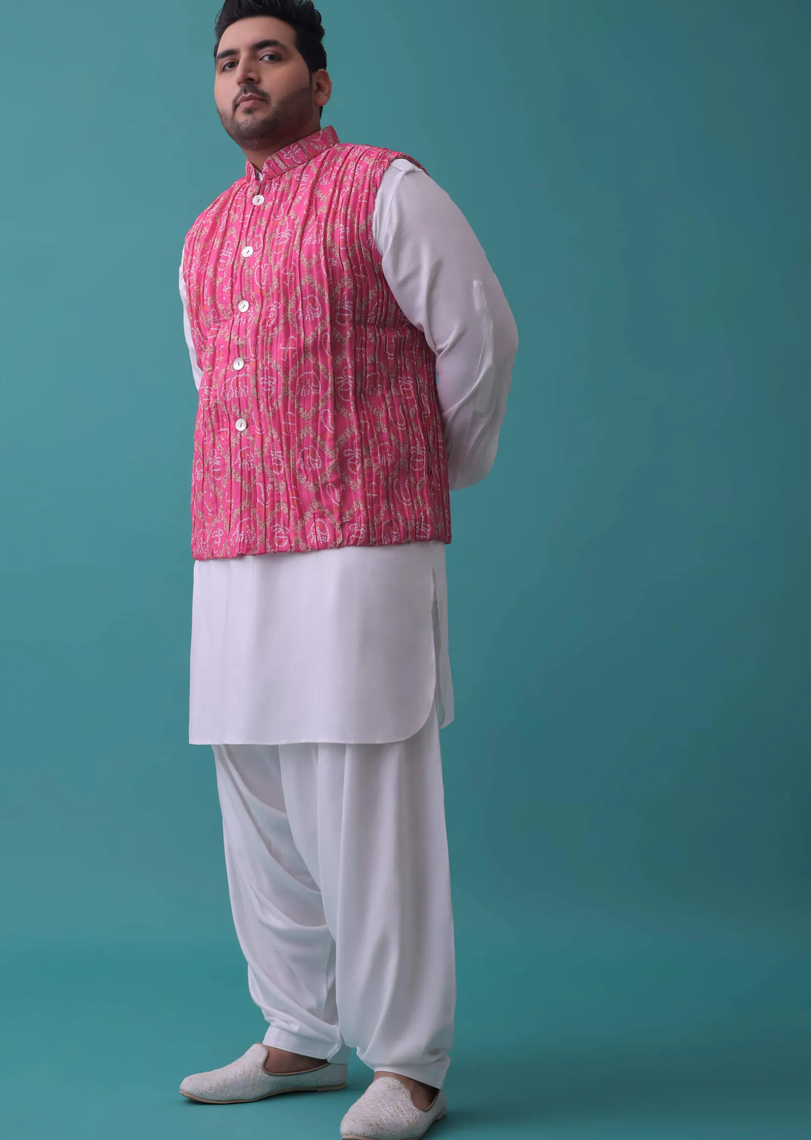 Persian Pink Tussar Silk Fabricated Jacket Kurta Set With Bandhani Print