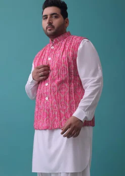 Persian Pink Tussar Silk Fabricated Jacket Kurta Set With Bandhani Print