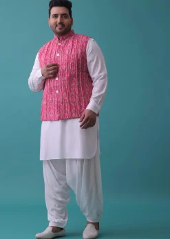 Persian Pink Tussar Silk Fabricated Jacket Kurta Set With Bandhani Print
