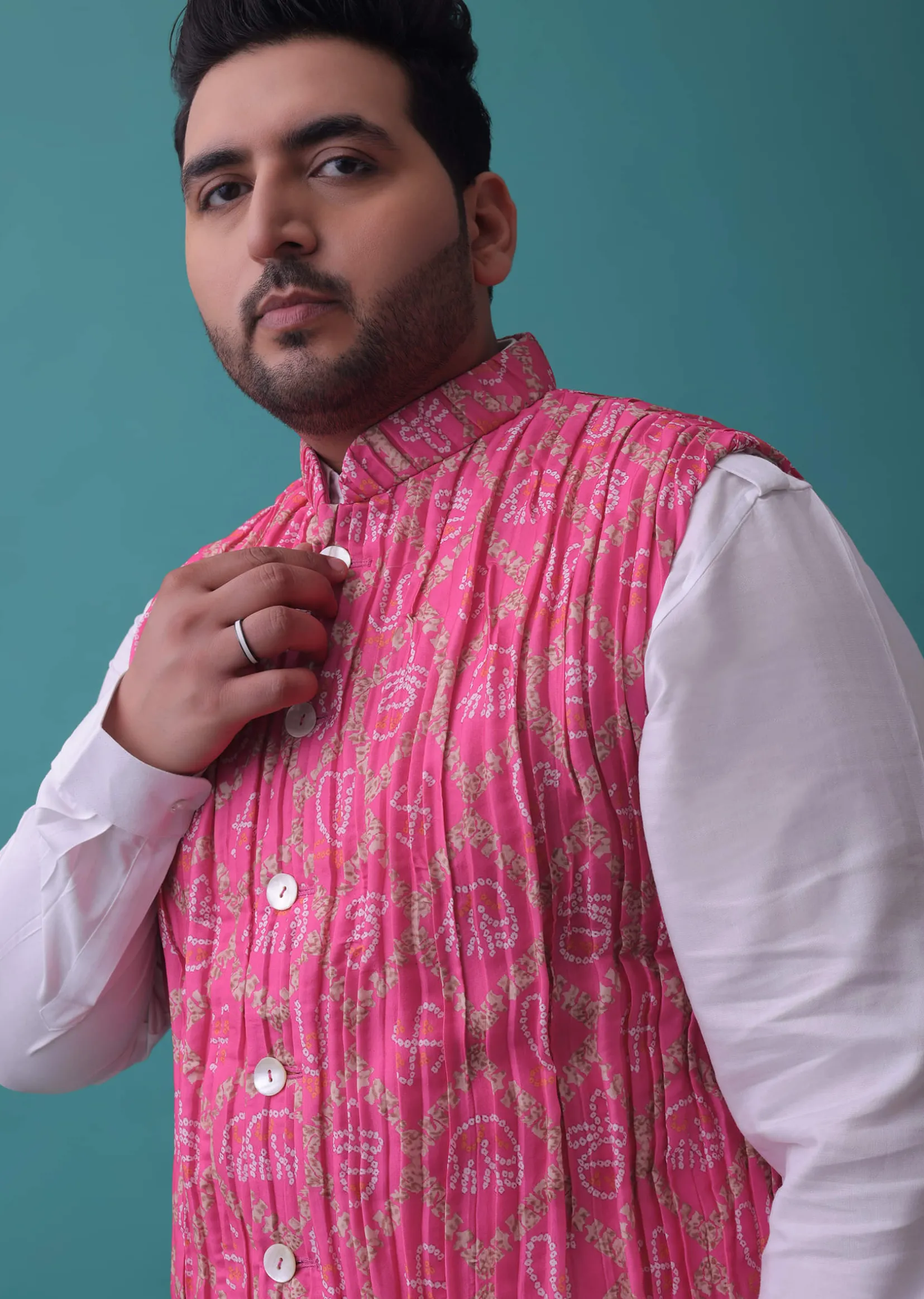 Persian Pink Tussar Silk Fabricated Jacket Kurta Set With Bandhani Print