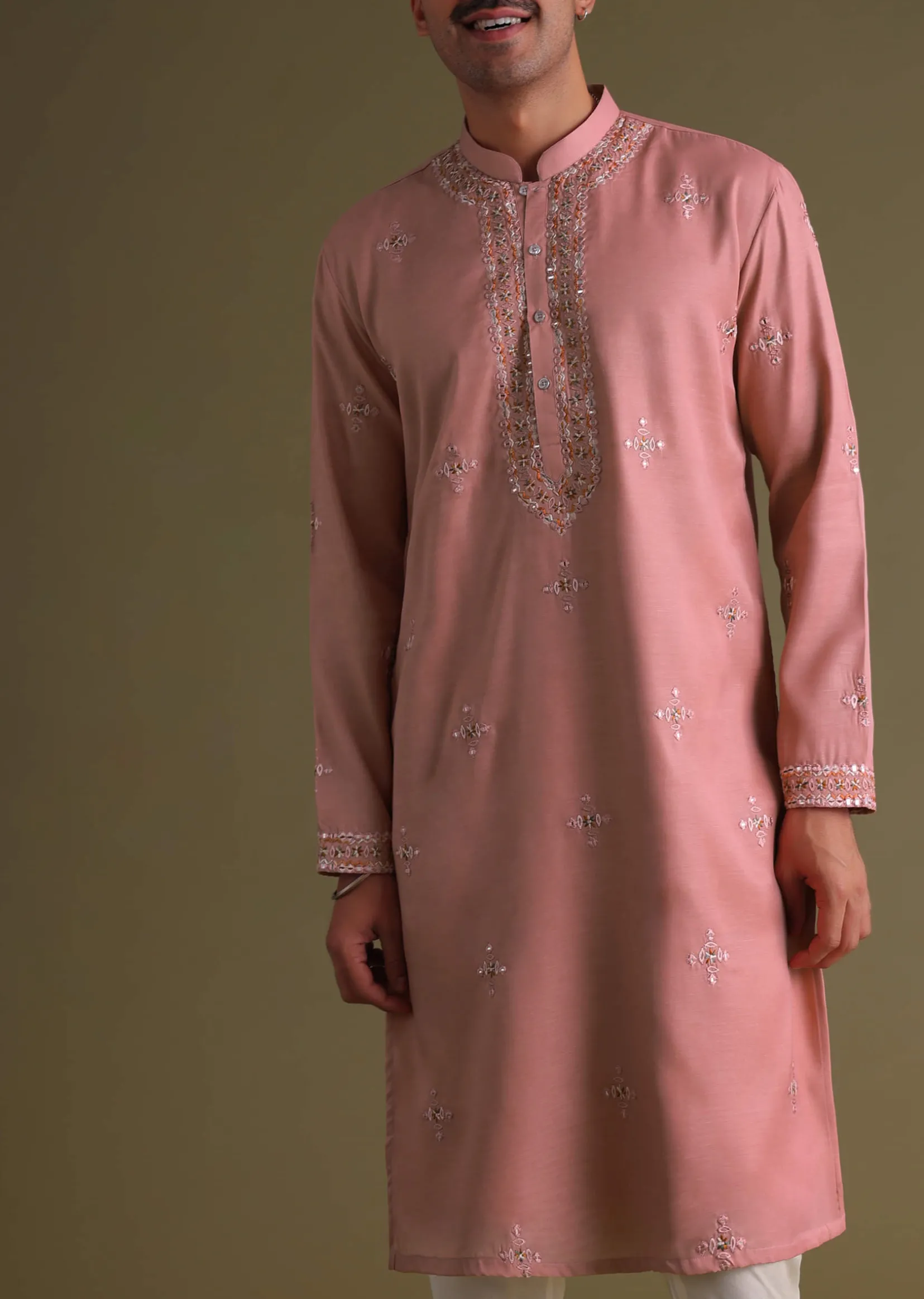Petal Pink Kurta Set In Silk With Mirror Embroidery