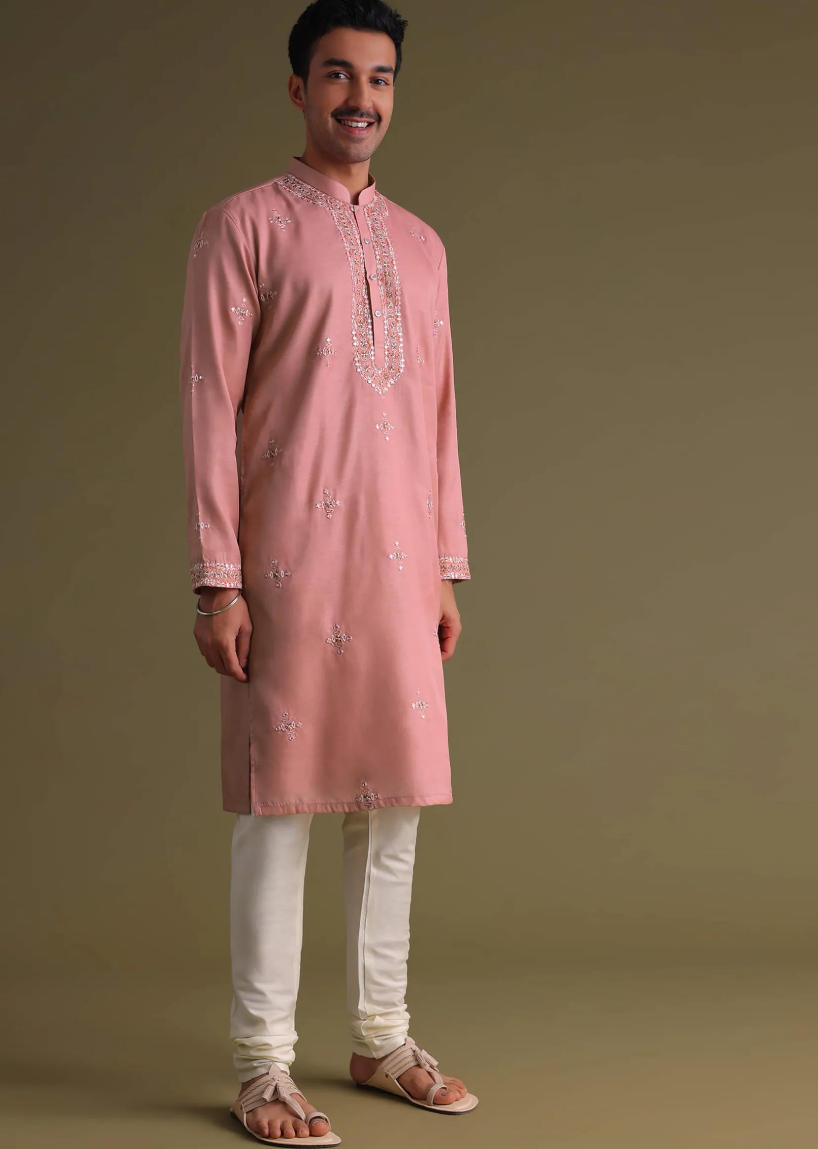 Petal Pink Kurta Set In Silk With Mirror Embroidery