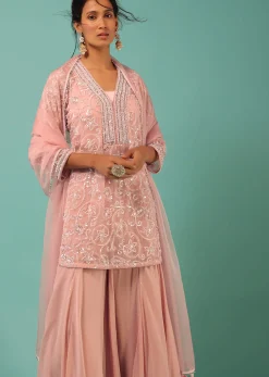 Petal Pink Sharara Suit With Cut Dana And Moti Detailed Jaal Design