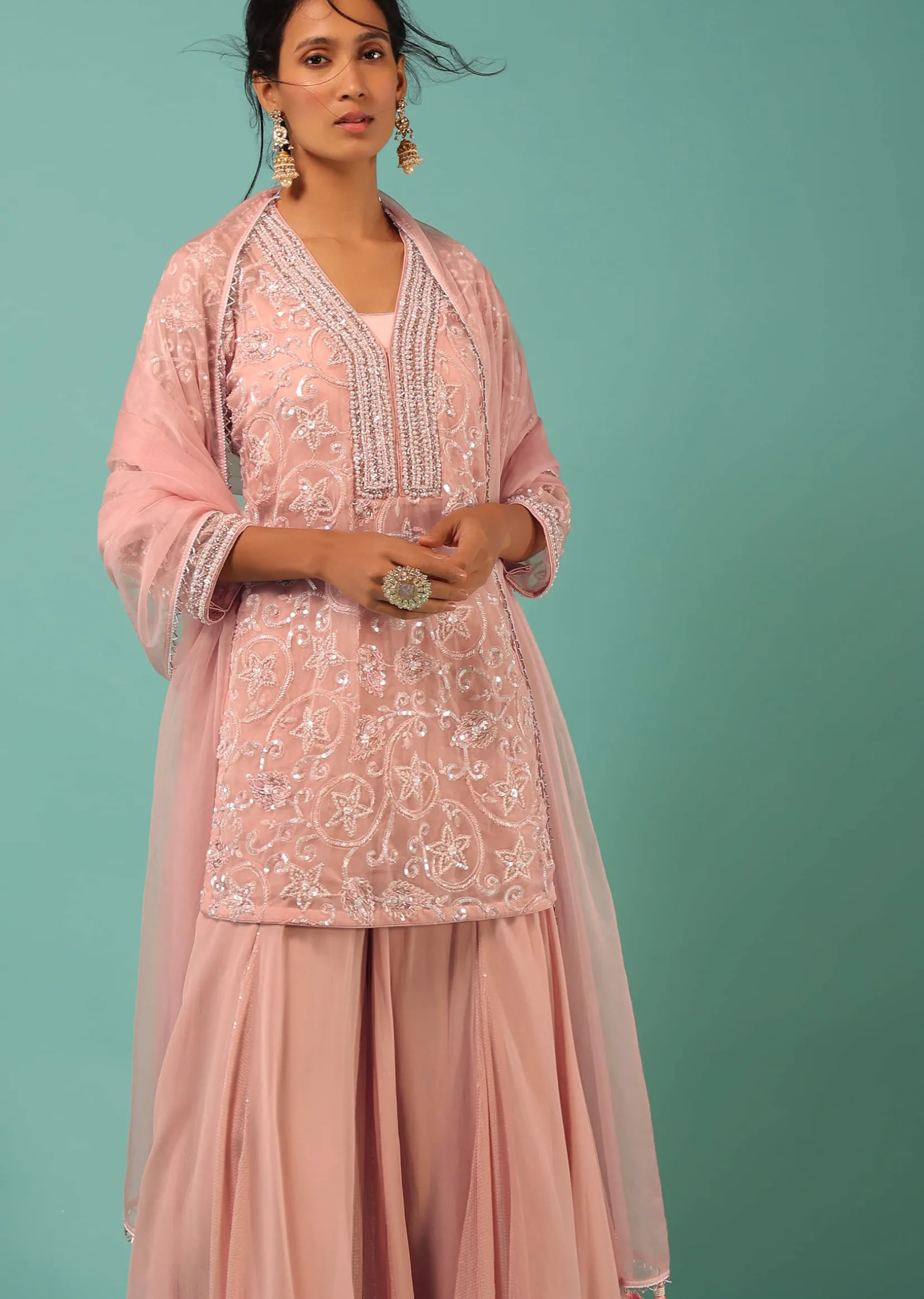 Petal Pink Sharara Suit With Cut Dana And Moti Detailed Jaal Design