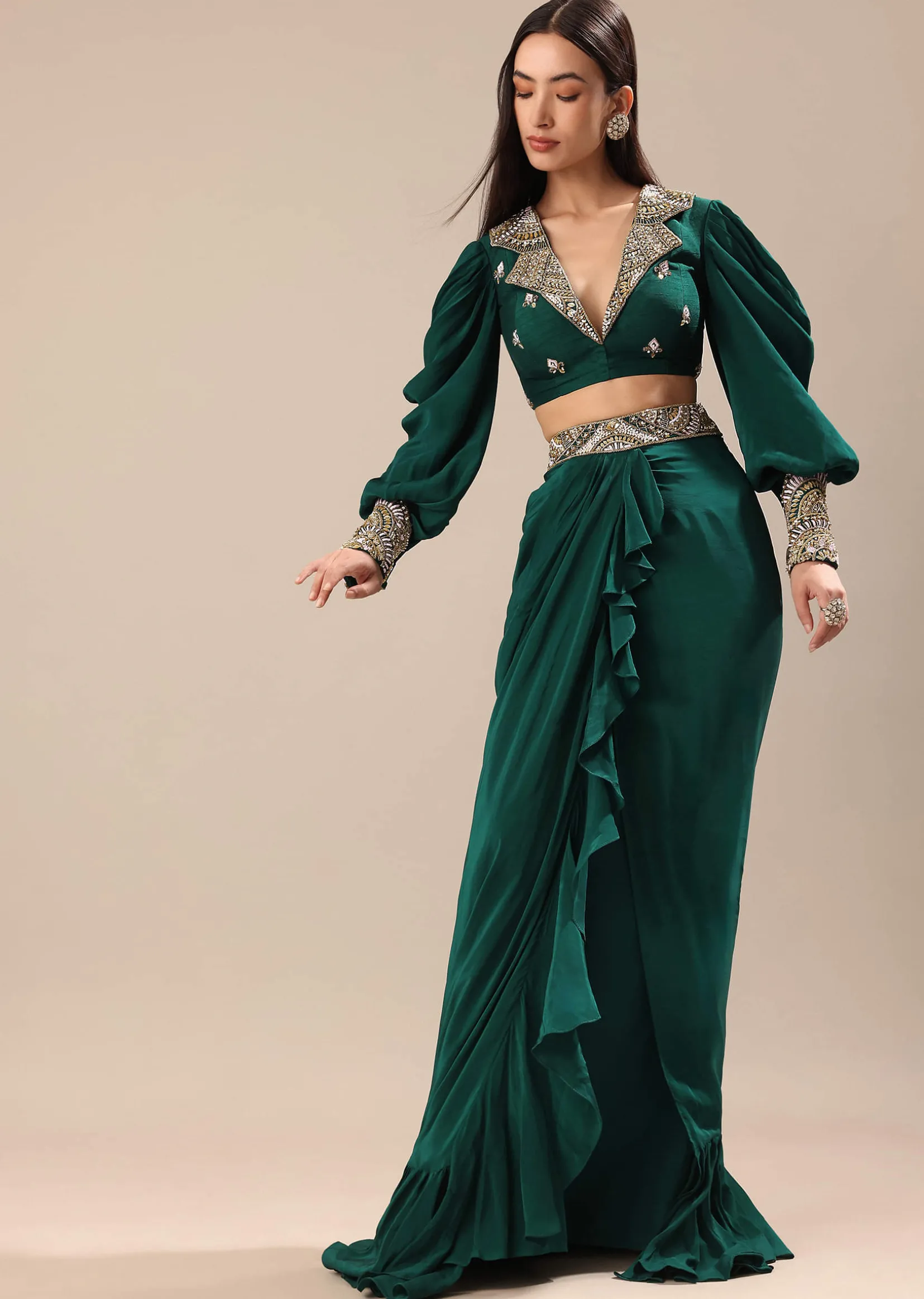 Pine Green Embroidered Blouse And Drape Skirt