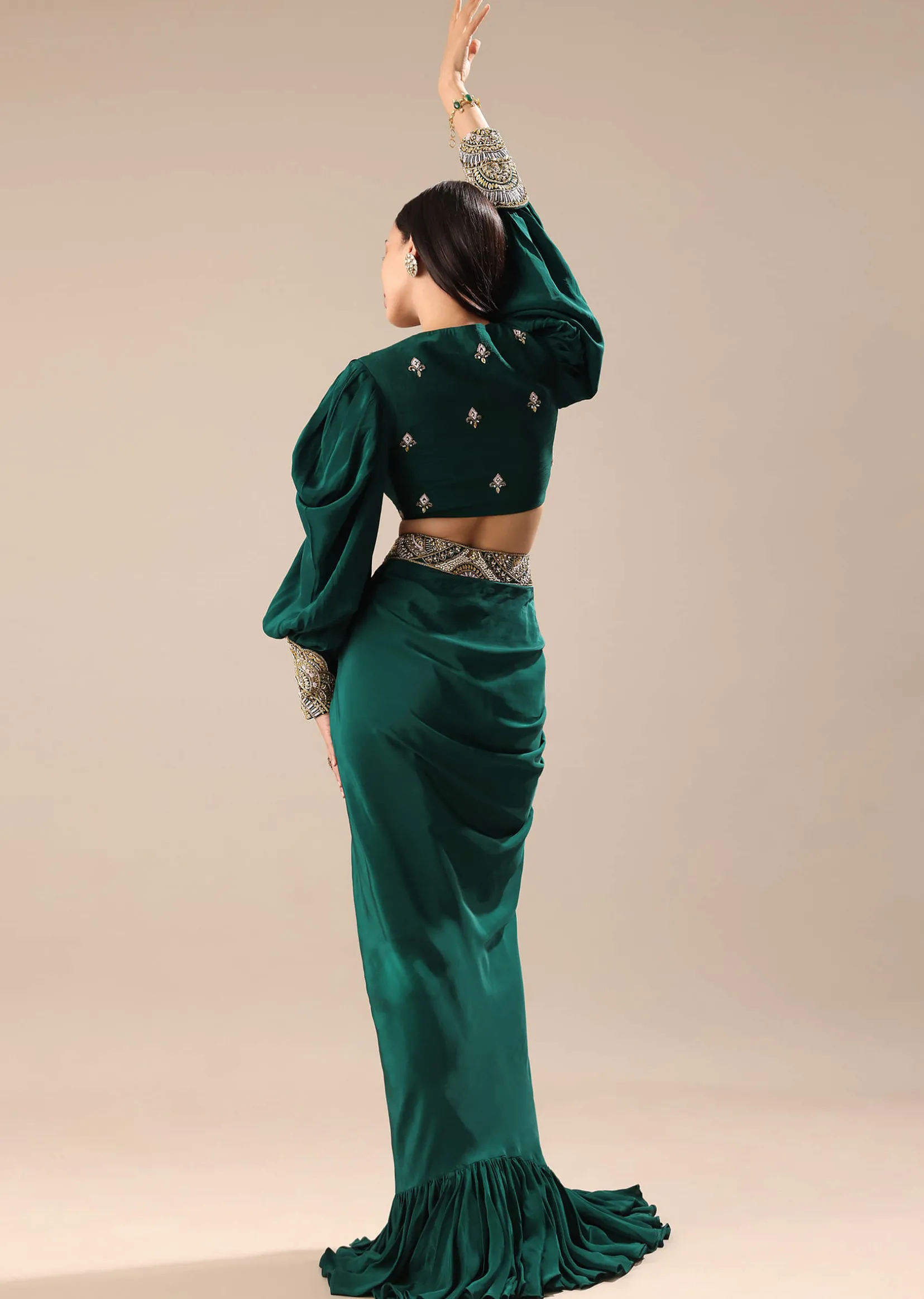 Pine Green Embroidered Blouse And Drape Skirt