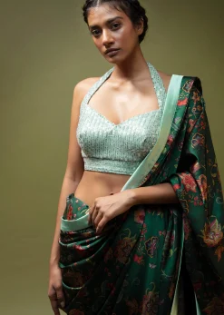 Pine Green Saree In Satin With Floral Print And Mint Sequins Blouse With Halter Neckline