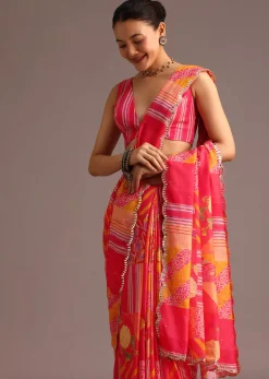 Pink Abstract Printed Muslin Saree