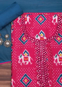 Pink And Blue Patola Printed Tussar Dress Material