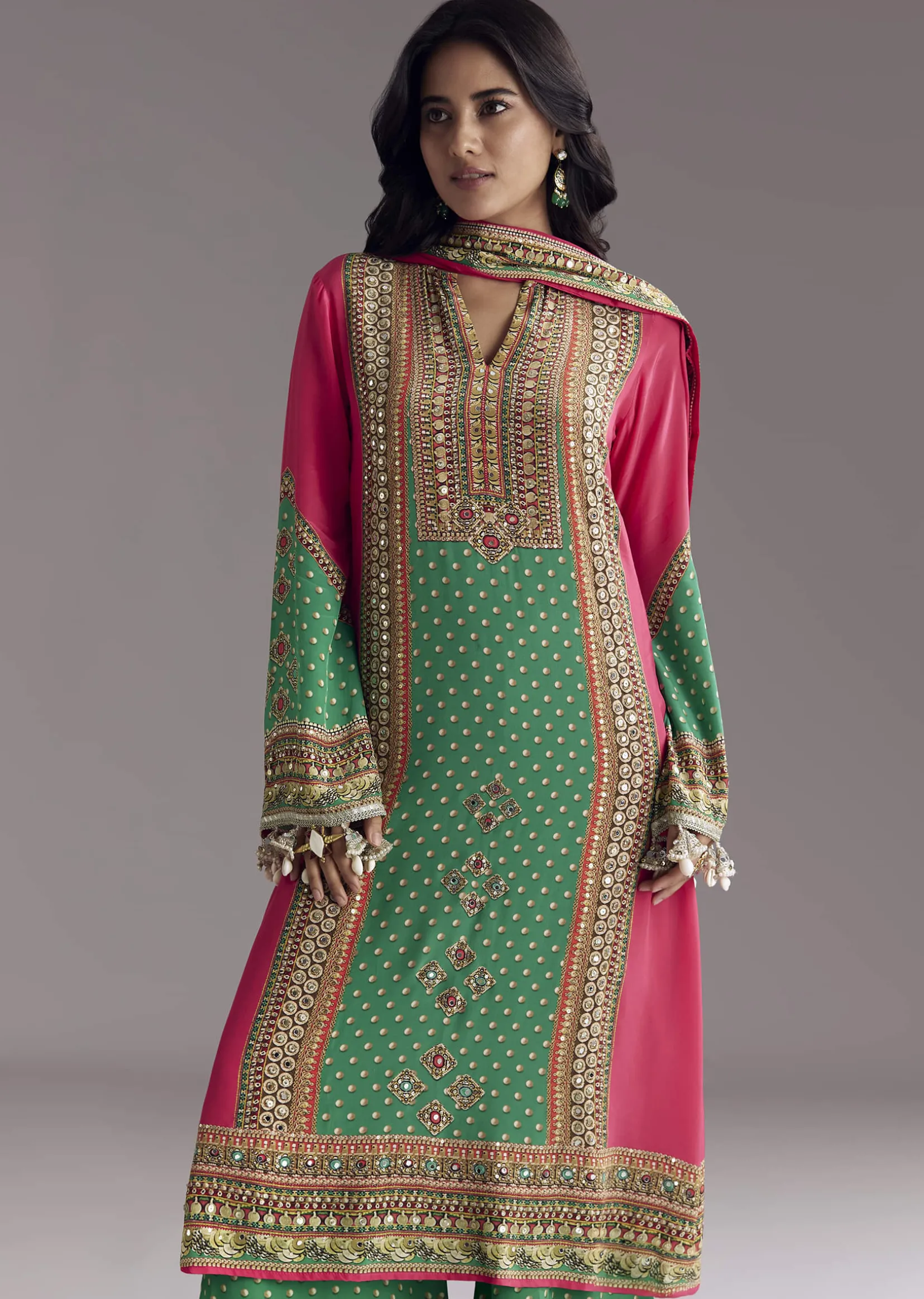 Pink And Green Printed Kurta Palazzo Set