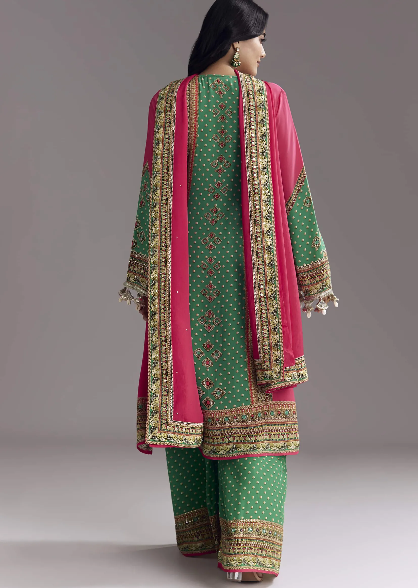 Pink And Green Printed Kurta Palazzo Set