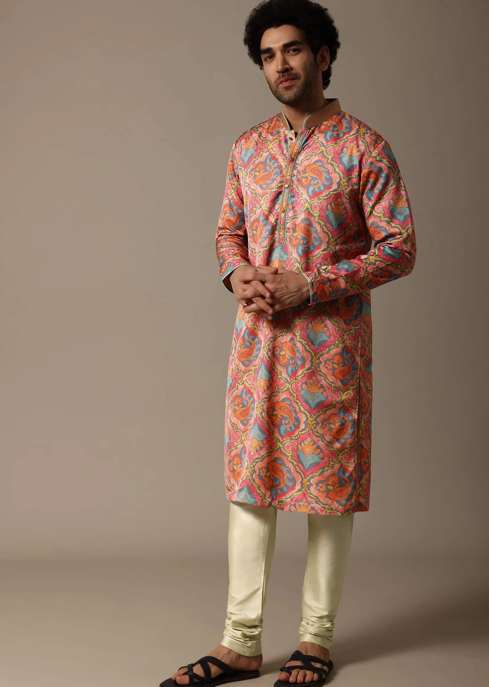 Pink And Green Printed Silk Kurta Set For Men