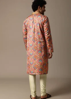 Pink And Green Printed Silk Kurta Set For Men