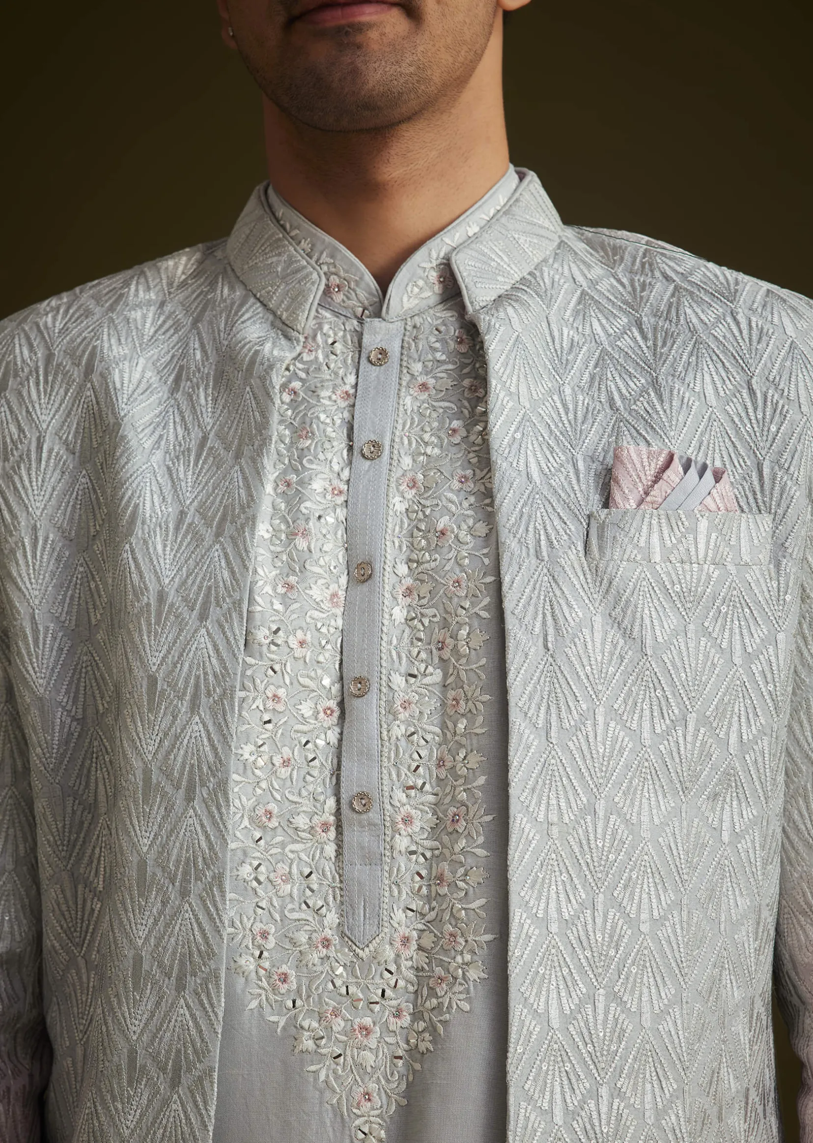 Pink and Grey Ombre Textured Sherwani Set