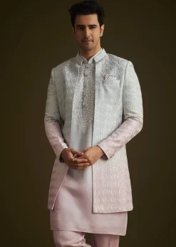 Pink and Grey Ombre Textured Sherwani Set