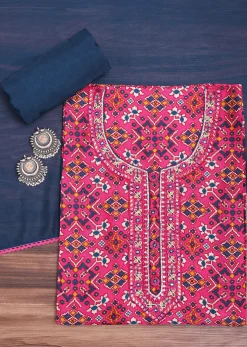Pink And Navy Blue Patola Printed Tussar Dress Material