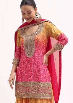 Pink And Orange Embroidered Kurta Palazzo Set
