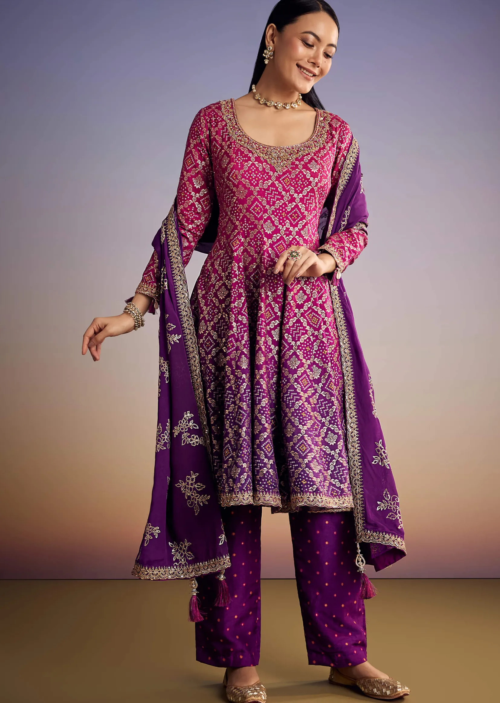 Pink And Purple Ombre Bandhani Anarkali Suit With Zardosi Neckline