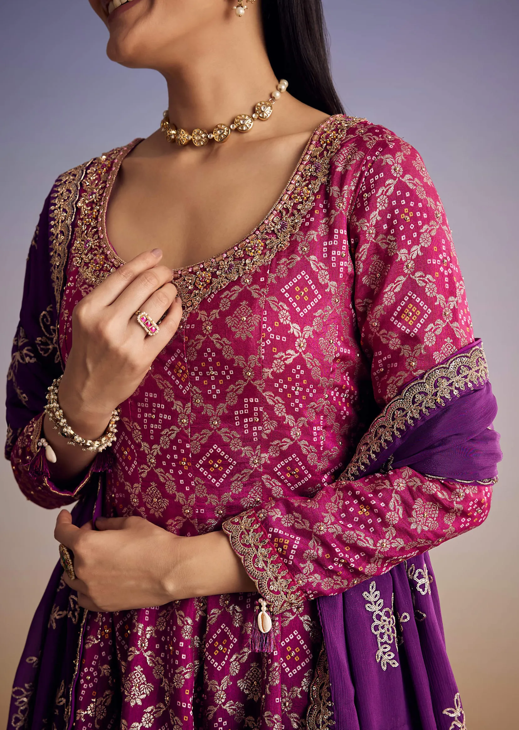 Pink And Purple Ombre Bandhani Anarkali Suit With Zardosi Neckline