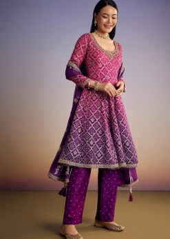 Pink And Purple Ombre Bandhani Anarkali Suit With Zardosi Neckline