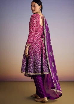 Pink And Purple Ombre Bandhani Anarkali Suit With Zardosi Neckline