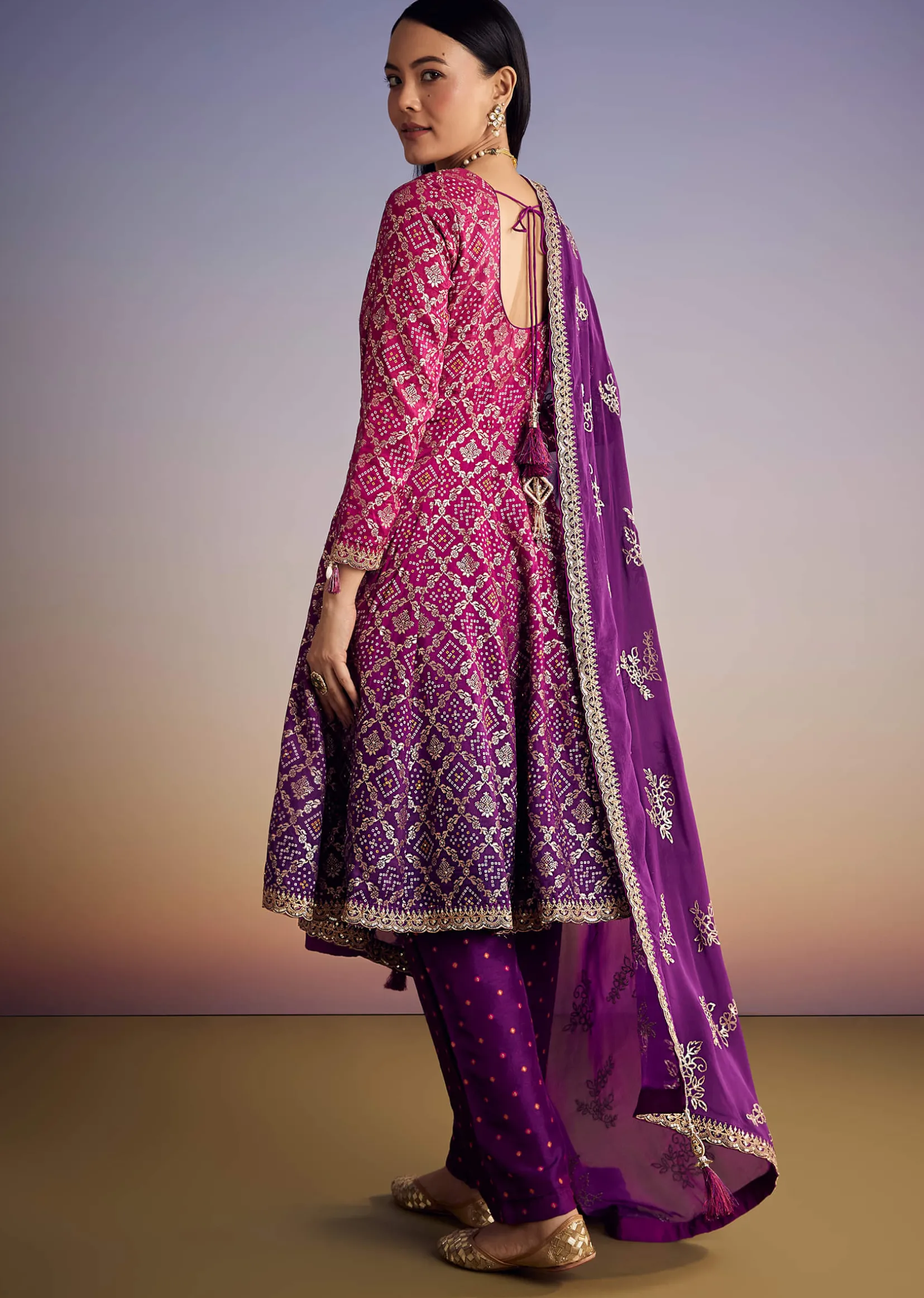 Pink And Purple Ombre Bandhani Anarkali Suit With Zardosi Neckline