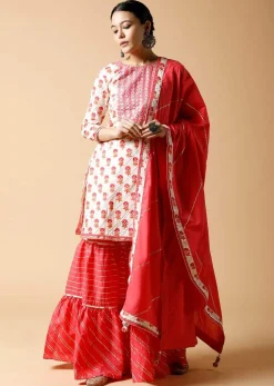 Pink And White Sharara Suit With Printed Floral Buttis And Detailed Using Zari And Gotta Lace
