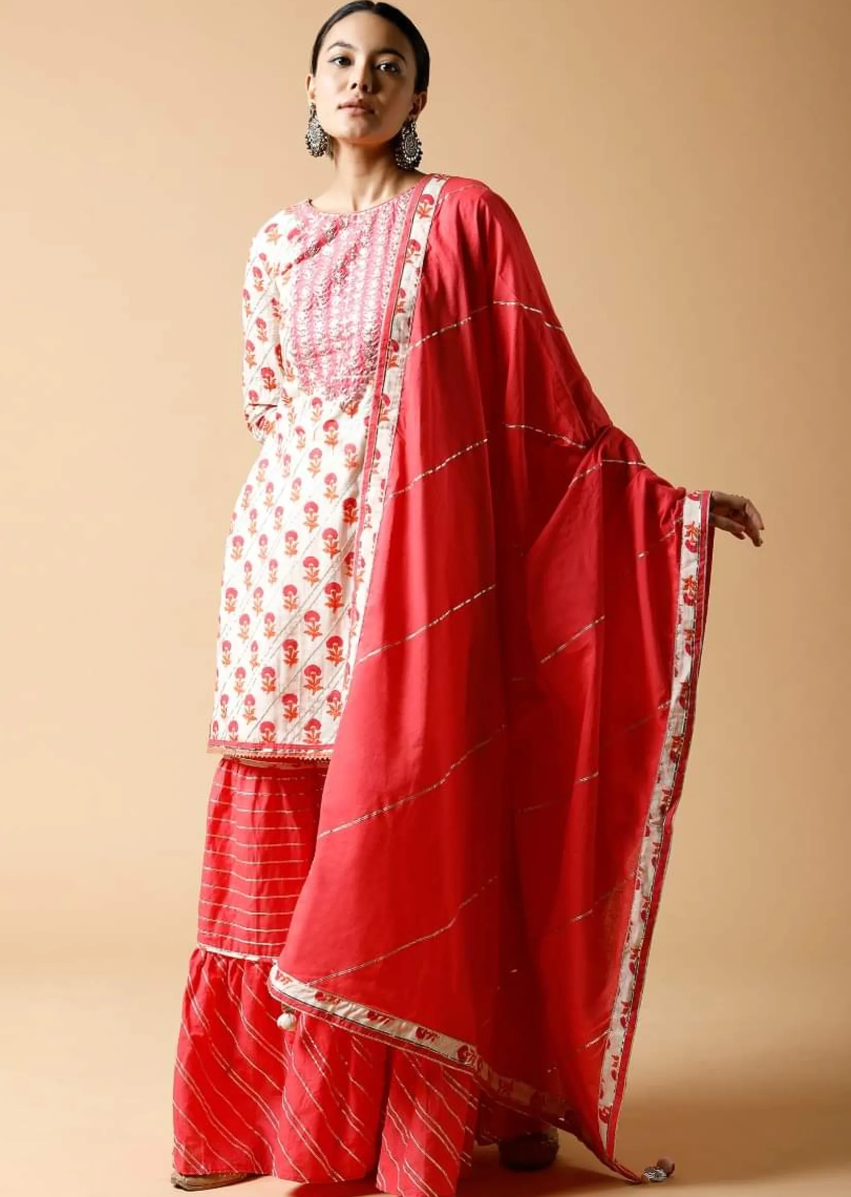 Pink And White Sharara Suit With Printed Floral Buttis And Detailed Using Zari And Gotta Lace