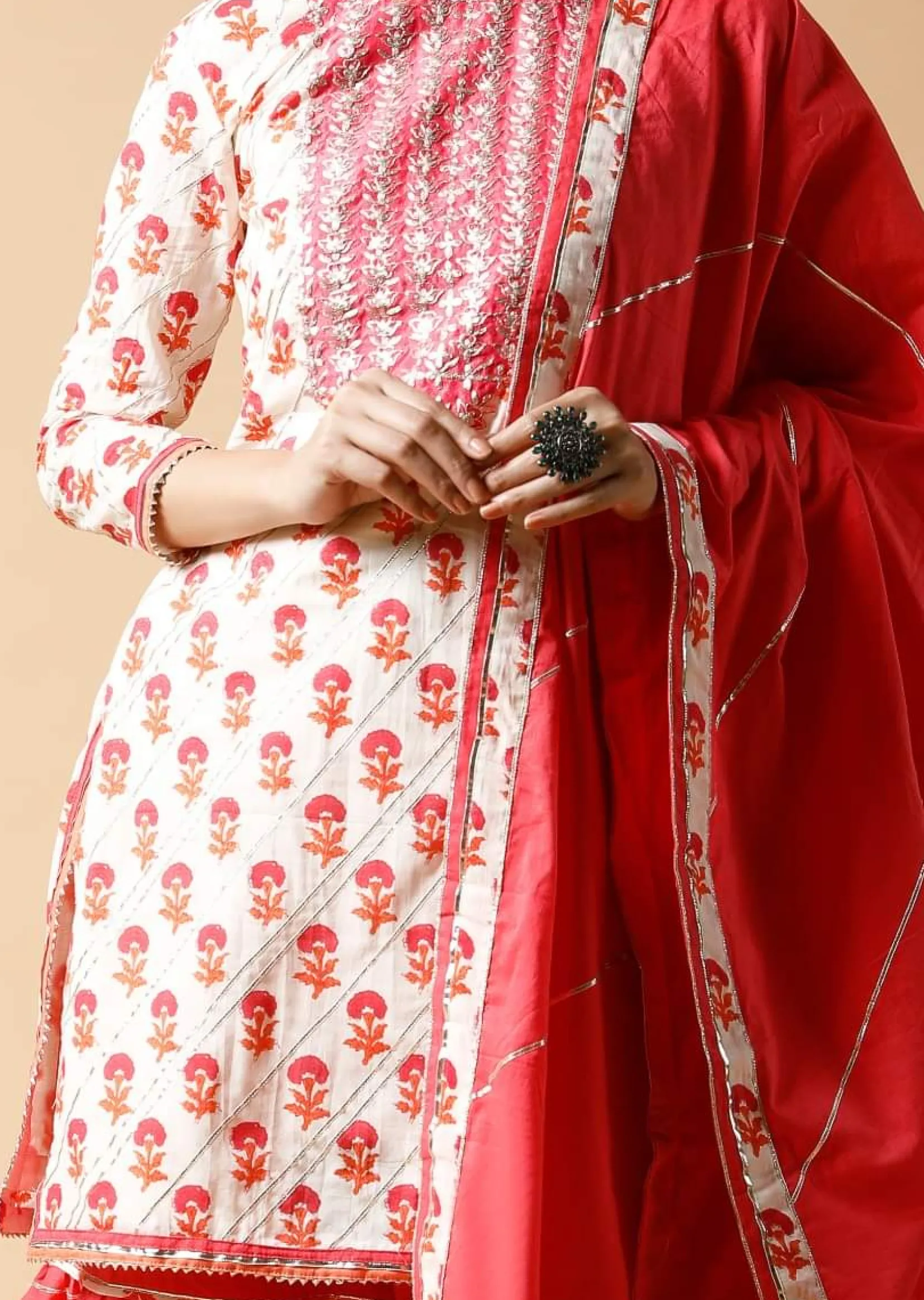 Pink And White Sharara Suit With Printed Floral Buttis And Detailed Using Zari And Gotta Lace