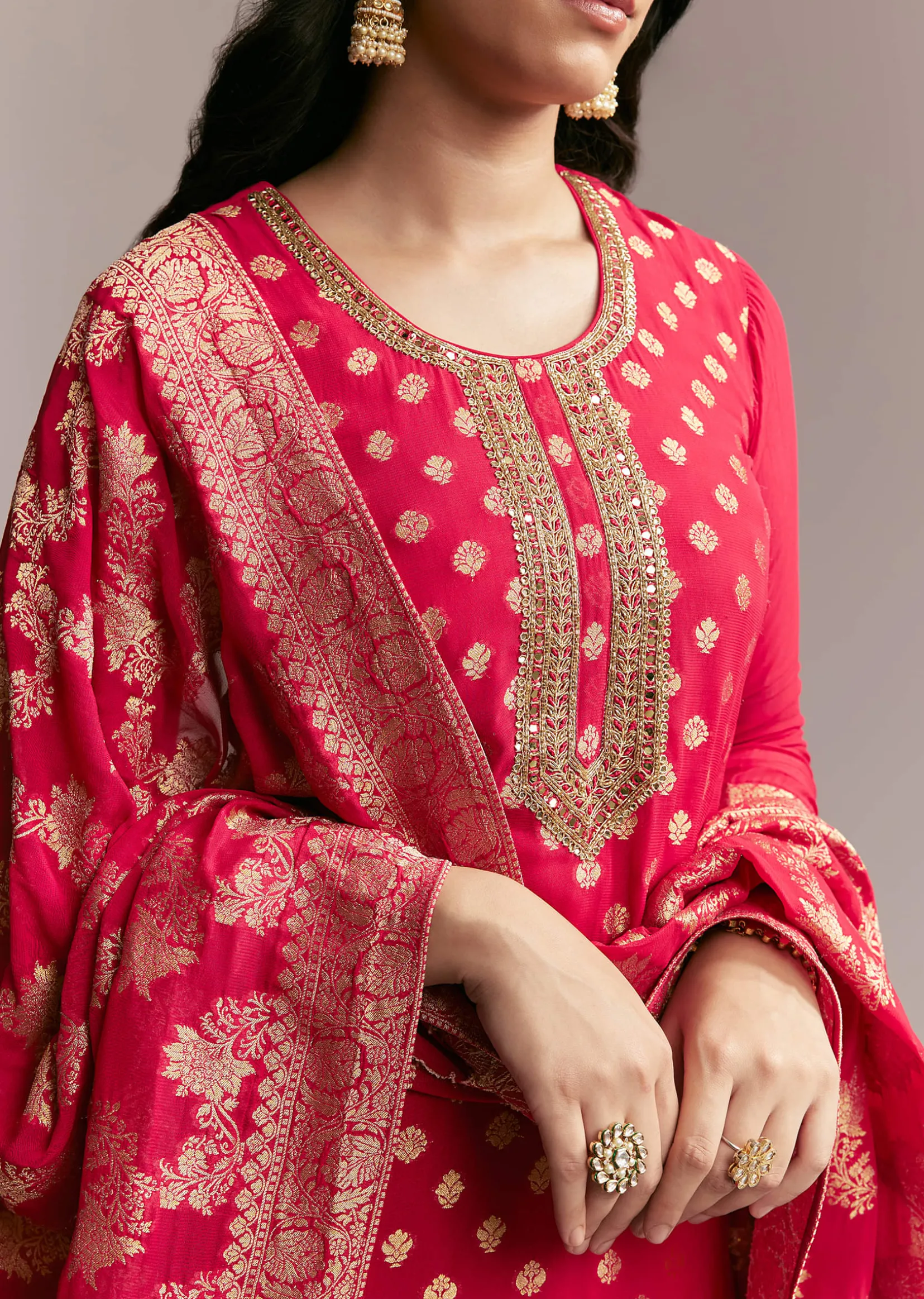 Pink Banarasi Kurta Set with Mirror Work