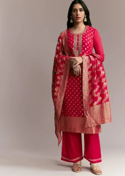 Pink Banarasi Kurta Set with Mirror Work