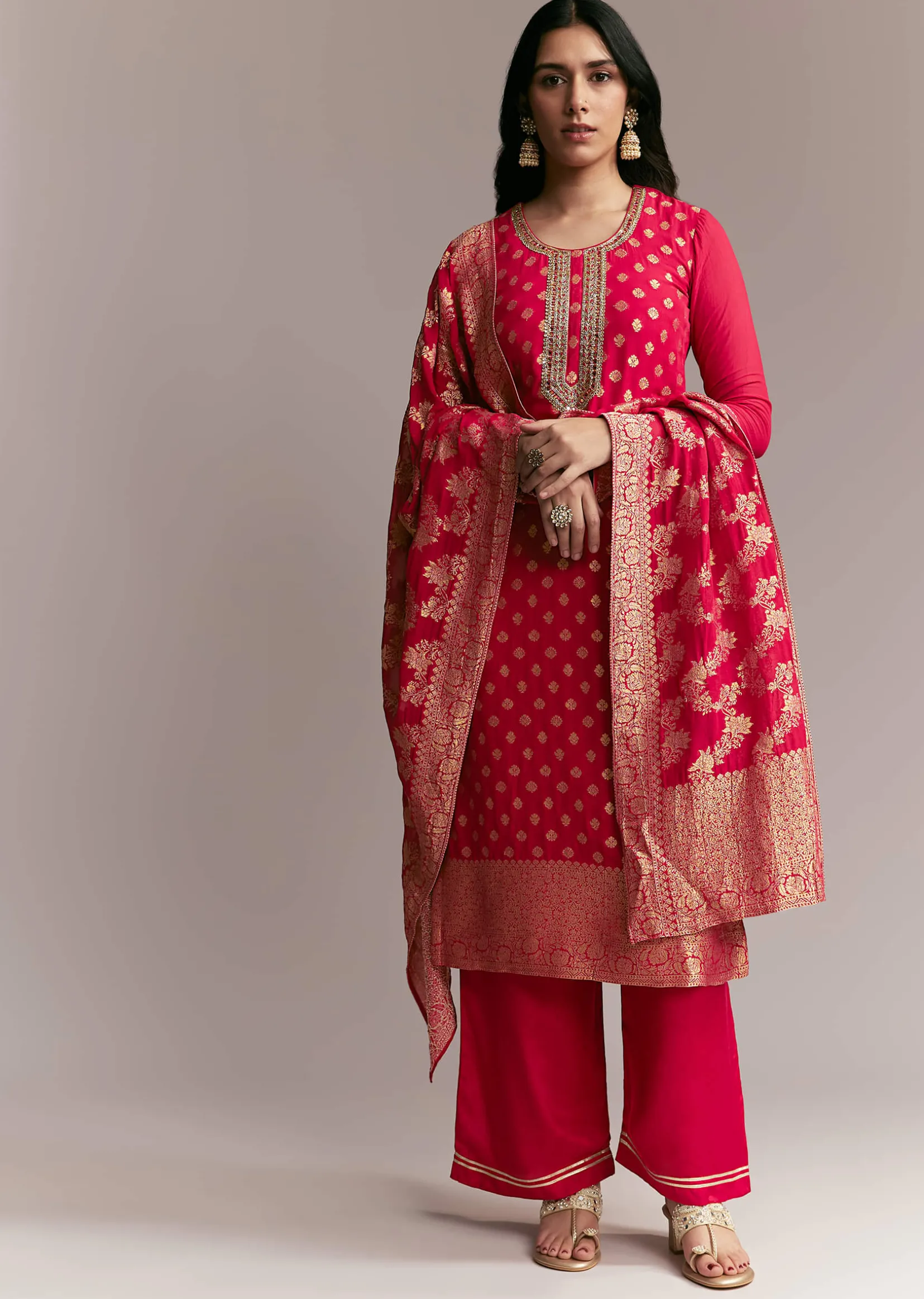 Pink Banarasi Kurta Set with Mirror Work