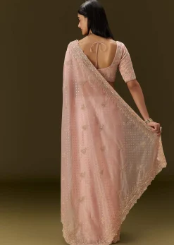 Pink Banarasi Tissue Saree With Velvet Embroidered Blouse