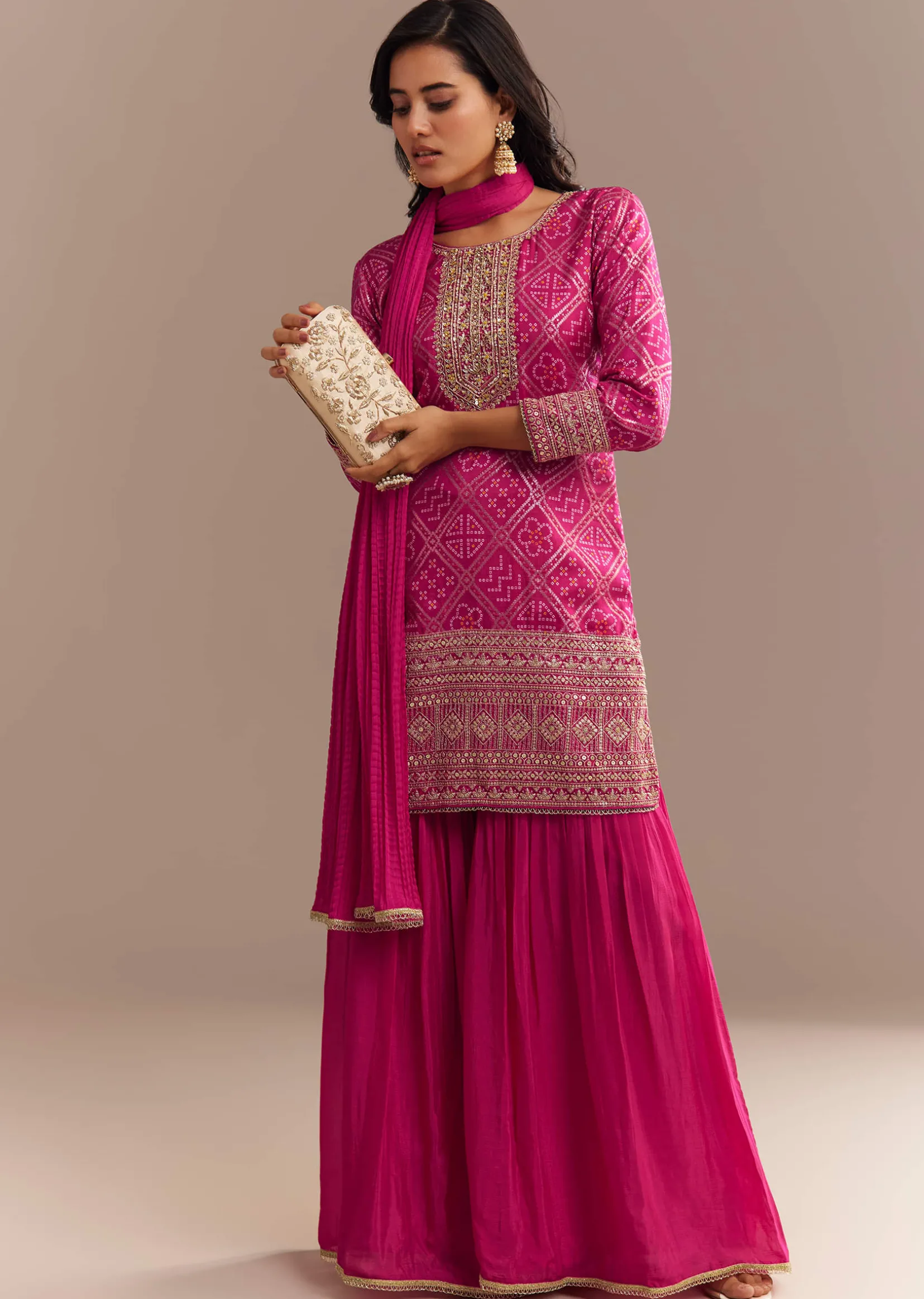 Pink Bandhani Zardosi Sharara Set