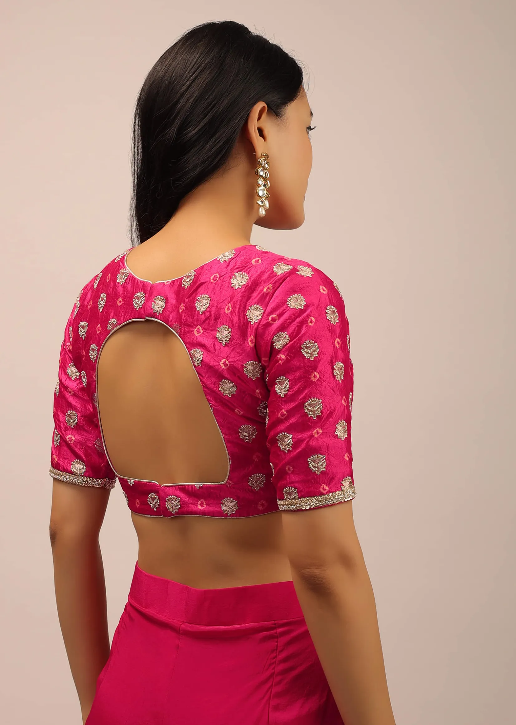 Pink Blouse In Brocade Silk With Bandhani Print And Half Sleeves