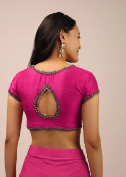Pink Blouse In Raw Silk With Cut Dana Work And V Neckline