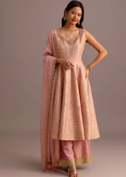Pink Brocade Weave Kurti Palazzo Suit With Dupatta