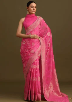Pink Brocade Zari Weave Saree With Unstitched Blouse